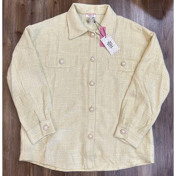 NWT Andrée by Unit Yellow Tweed Shacket Size Medium Pearl Buttons Pockets Jacket - Picture 1 of 15